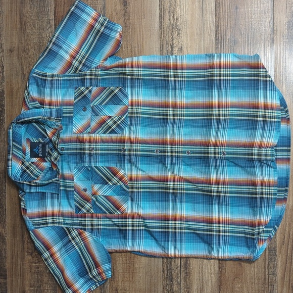 Prana Short Sleeve Button Down Western Style Plaid Size Large in Blue/Brown - Picture 1 of 7